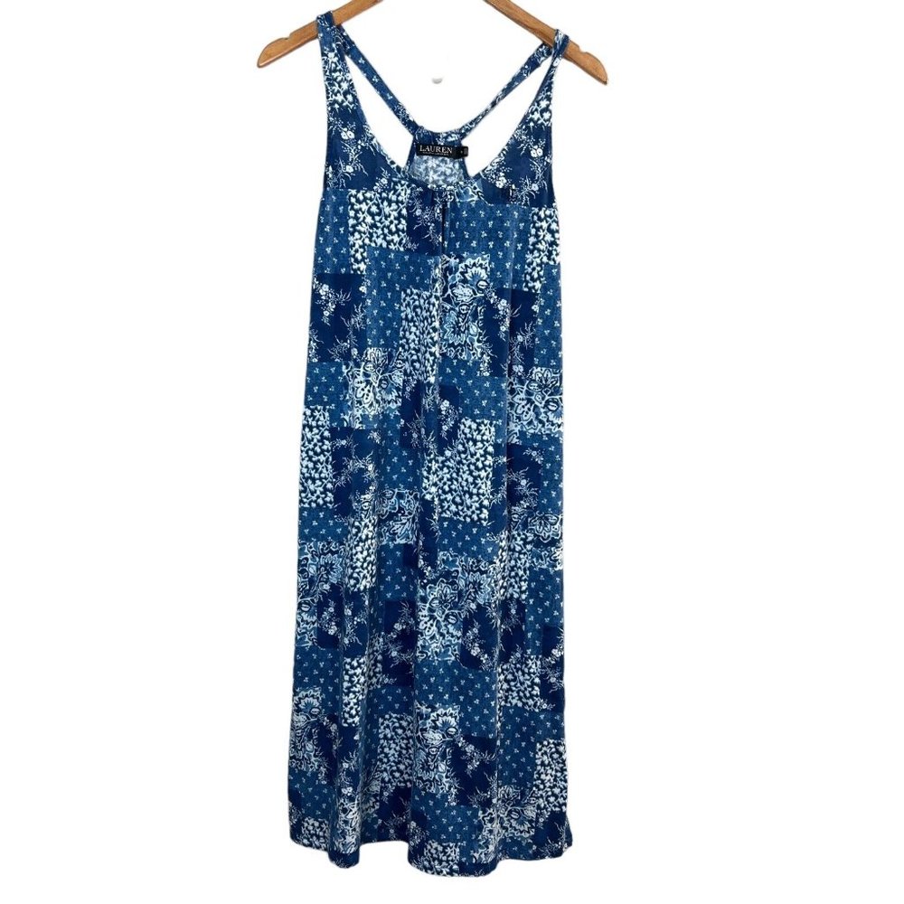 Lauren Ralph Lauren Midi Dress Small Blue‎ Floral Side Slits Sleeveless